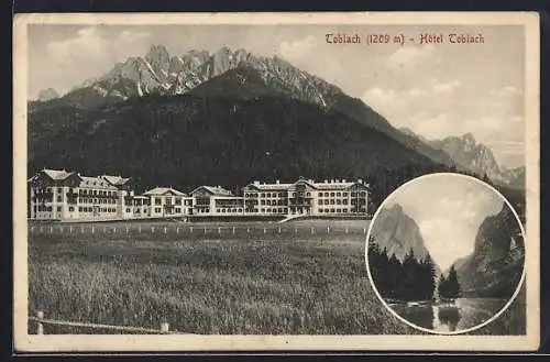 AK Toblach, Hotel Toblach mit Gipfelpanorama, Seepartie