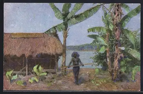 AK Papua, Einheimischer bei seiner Hütte