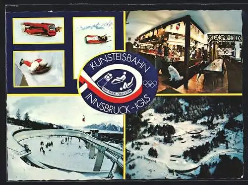 AK Innsbruck-Igls, Kunsteisbahn, Teilansichten aus der Vogelschau und Speisesaal