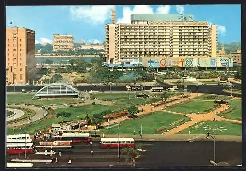 AK Kairo, Nil-Hilton Hotel und Gartenanlage an der Strasse
