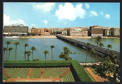AK Kairo, Tahrir-Brücke und die Hotels Hilton, Shepheards und Semiramis