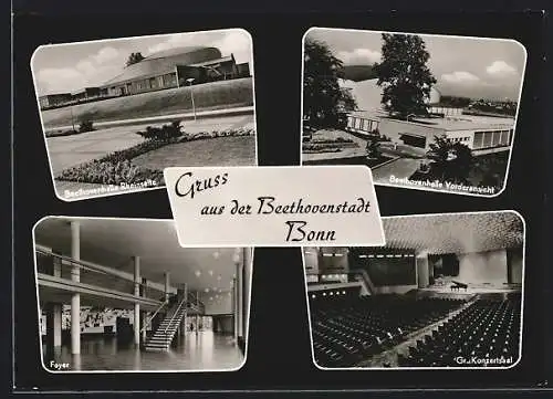AK Bonn, Beethovenhalle, Rheinseite, Vorderansicht, Foyer, Gr. Konzertsaal