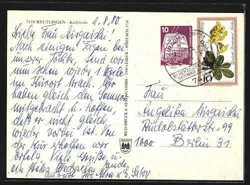 AK Reutlingen, Karlstrasse aus der Vogelschau