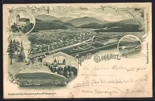 Lithographie Gloggnitz /N.-Ö., Bahnhof, Kranichberg, Schloss Wartenstein und Silbersberg