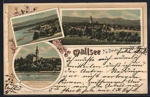 Lithographie Wallsee a. d. Donau, Erzherzogl. Schloss, Ufer-Wallsee, Ortsansicht