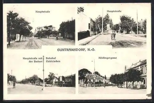 AK Guntramsdorf /N.-Ö., Hauptstrasse mit Bahnhof der Badner Elektrischen, Mödlingergasse