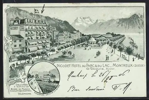 Lithographie Montreux, Nicodet Hotel du Parc et du Lac, Passage Depuis la Gare