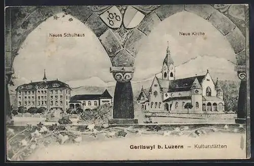 Künstler-AK Luzern, Gerliswyl, Neues Schulhaus und Neue Kirche, Wappen