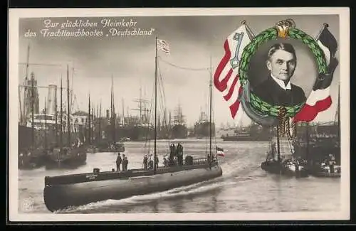 AK U-Boot, Frachttauchboot Deutschland bei glücklicher Heimkehr, Kapitän König im Portrait