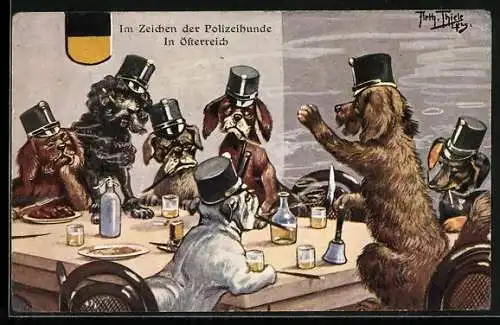 Künstler-AK Arthur Thiele: Im Zeichen der Polizeihunde in Österreich, Gelage mit viel Wein