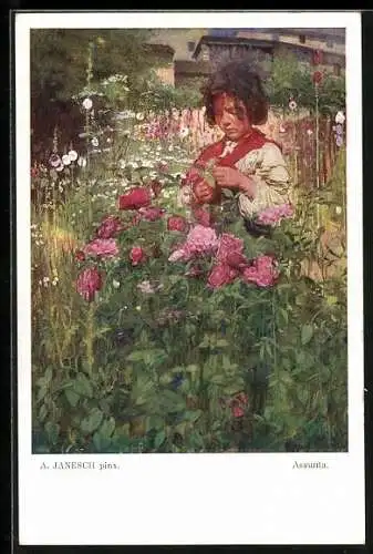 Künstler-AK sign. A. Janesch: Mädchen pflückt Blumen