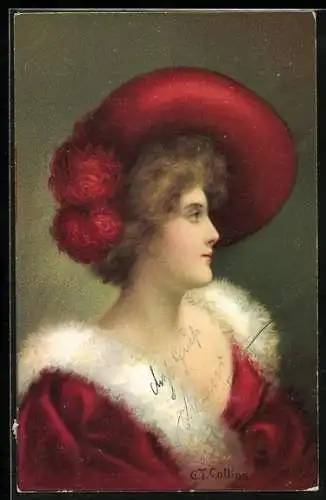 Künstler-AK sign. G. T. Collins: Dame mit rotem Kleid und Hut