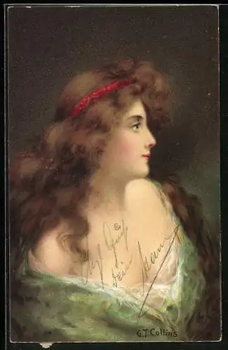 Künstler-AK sign. G. T. Collins: Junges Mädchen mit rotem Haarband im langen Haar