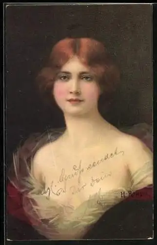 Künstler-AK sign. H. Rondel: Porträt einer Frau in eleganter Kleidung