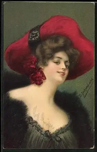 Künstler-AK sign. B. Zickendraht: Dame mit rotem Hut
