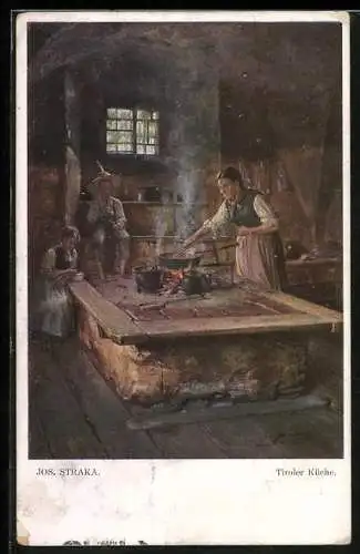 Künstler-AK Josef Straka: Tiroler Familie in der Küche