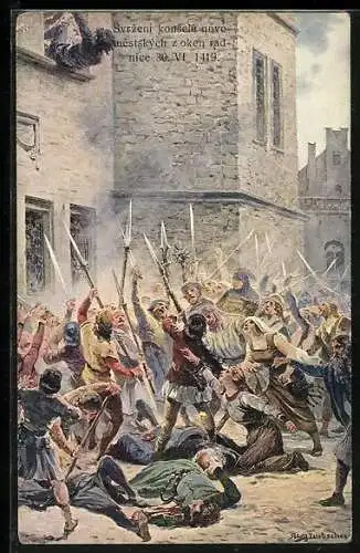 Künstler-AK Adolf Liebscher: Svrzeni konselu novo mestskych z oken rad rice 30.6.1419, Fenstersturz