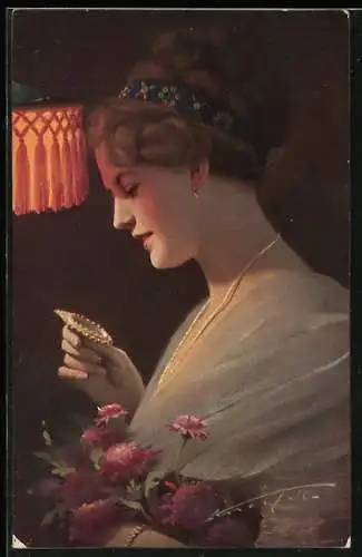 Künstler-AK Ludwig Knoefel: Elegante Frau mit Blumenstrauss