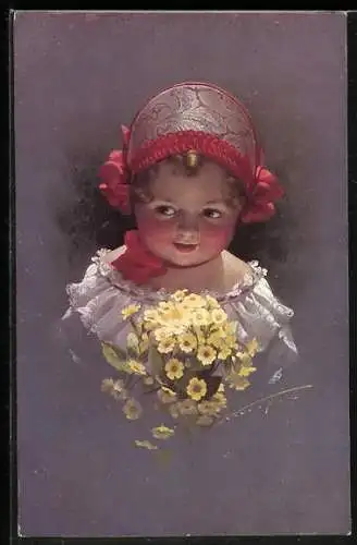 Künstler-AK Ludwig Knoefel: Kleines Mädchen mit schmucker Mütze und Blumenstrauss