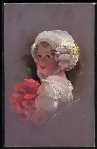 Künstler-AK Ludwig Knoefel: Kleinkind mit Haube und Mohnblumen