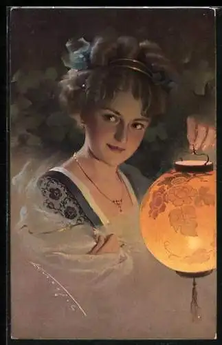 Künstler-AK Ludwig Knoefel: Junge Dame mit Lampion