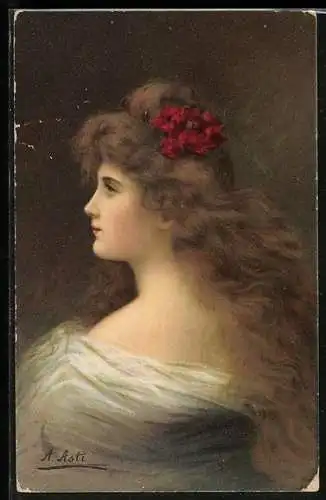 Künstler-AK A. Asti: Portrait Schönheit mit roter Blume im offenen Haar