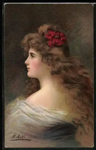 Künstler-AK A. Asti: Portrait Schönheit mit roter Blume im offenen Haar