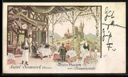 Lithographie Chicage, IL, Hotel Bismarck Winter Garden and Bauernstube