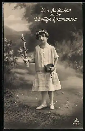 AK Kind in weissem Kleid und Blumenkranz mit Kerze, Kommunion