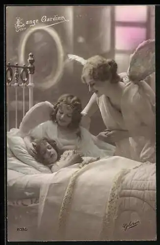 AK Zwei Schutzengel wachen über ein schlafendes Kind, L`ange Gardien