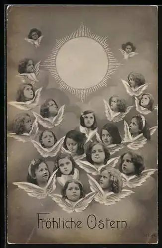 AK Kleine Osterengel blicken zur Sonne, Fröhliche Ostern
