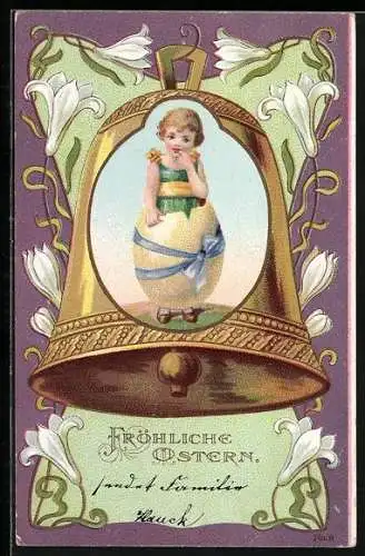 AK Kind guckt aus einem Osterei, grosse Glocke, Fröhliche Ostern