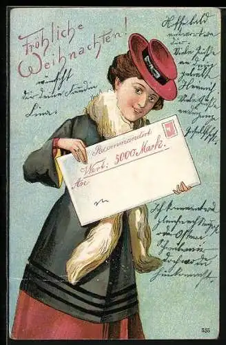 AK Fräulein hält Kuvert, Recommandiert Wert: 5000 Mark, Weihnachtsgruss