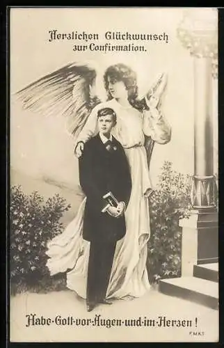 AK Junge in einem Anzug mit Bibel und Engel, Konfirmation