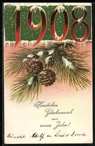 Lithographie Jahreszahl 1908 und Tannenzapfen