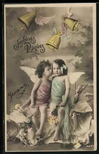 AK Zwei Osterengel unter fliegenden Glocken, Joyeuses Paques