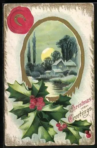 AK Winterlandschaft mit Stechpalme und Hufeisen, Christmas Greetings