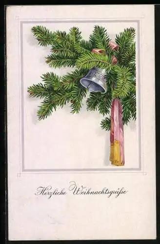 AK Tannenzweig mit Glocke, Weihnachten
