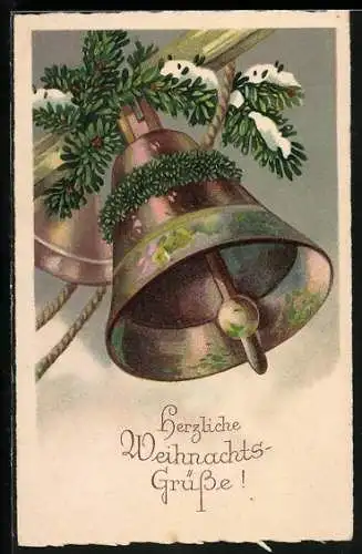 AK Tannenzweig mit Schnee und Glocke, Weihnachtsgrüsse