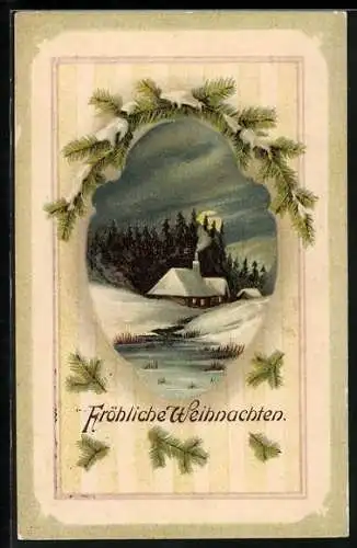 AK Verschneite Landschaft mit Tannenzweig, Fröhliche Weihnachten