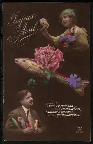 AK Mann und Frau mit dekorierten Fischen, Joyeux Avril