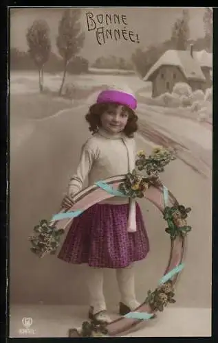 AK Kind mit riesigem Hufeisen, Bonne Année
