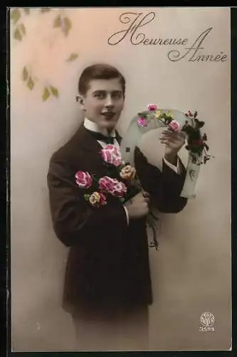 AK Mann mit Hufeisen und Rosen, Heureuse Année