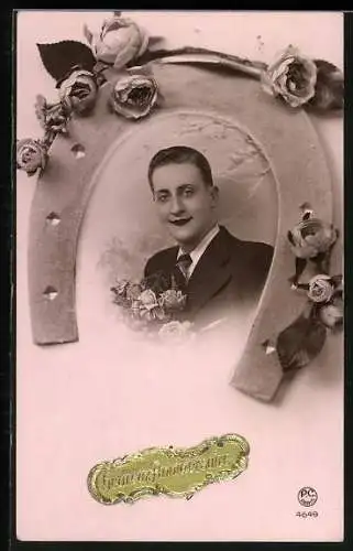 AK Mann in Hufeisen mit Rosen, Heureuse Anniversaire