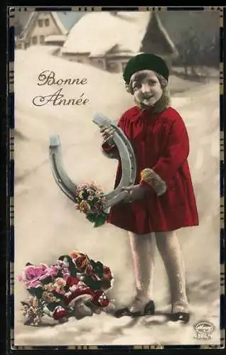 AK Kind mit grossem Hufeisen im Schnee, Bonne Année