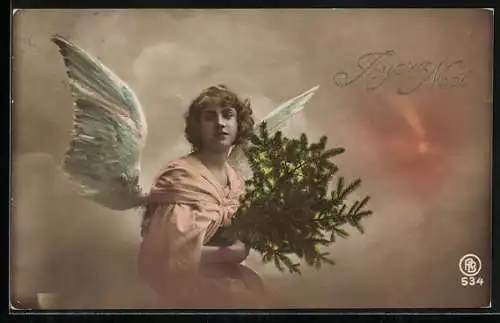AK Weihnachtsengel mit Tannenzweig, Joyeux Noel