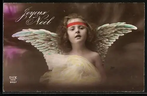 AK Weihnachtsengel vor lilanem Hintergrund, Joyeux Noel