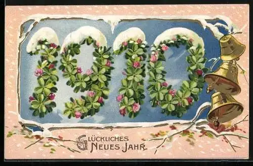 AK Schneebedeckte Jahreszahl 1910 aus Kleeblättern geformt, Glückliches Neues Jahr!
