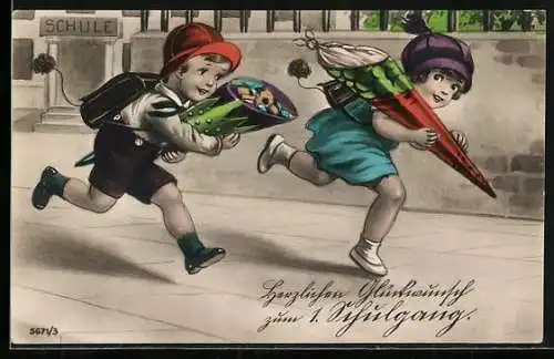 AK Zwei Kinder rennen mit Schultüten, Schulanfang