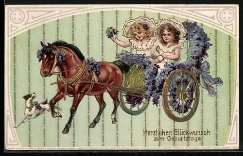 AK Mädchen in Pferdekutsche mit Vergissmeinnicht, Geburtstag